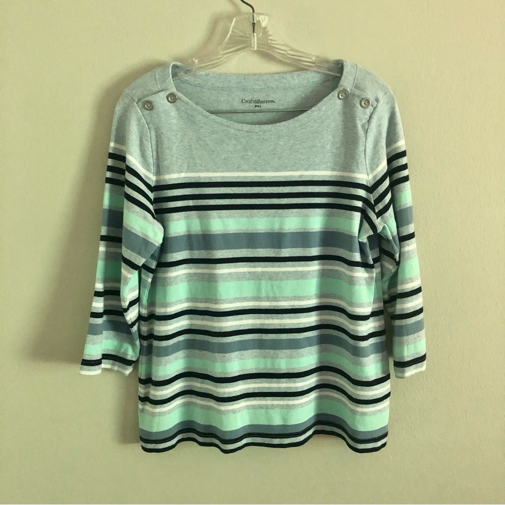 Vintage Croft & Barrow Petite Three Quarter Sleeve Striped Boatneck Knit Top